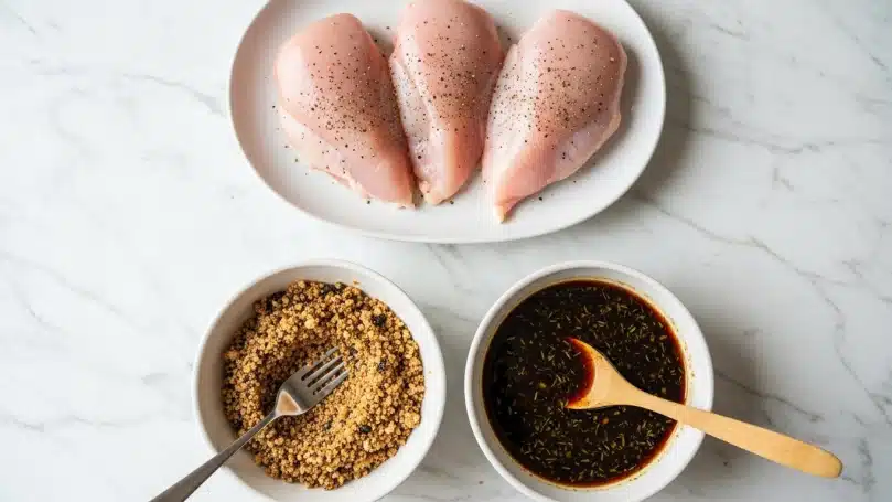 Brown Sugar Garlic Chicken Recipe 5 The image shows three raw chicken pieces lightly sprinkled with black pepper, placed on a white plate resting on a white marbled surface. Below, there are two white bowls side by side on the same white marbled surface: the left bowl is filled with a coarse, crumbly mixture of brown and black bits with a metal fork sitting inside, and the right bowl contains a dark brown liquid sauce with visible herbs and a light wooden spoon resting in it. Photo taken with an iphone --ar 4:5 --v 7