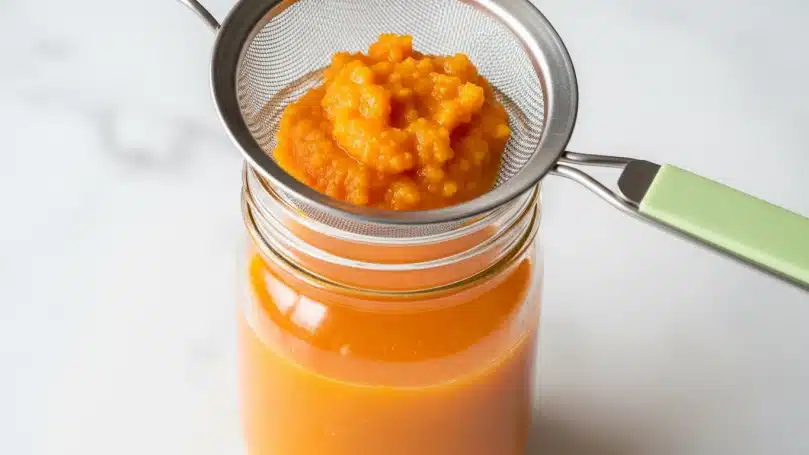 A clear glass jar topped with a silver mesh strainer resting on its rim is shown on a white marbled surface. Inside the strainer is a thick, bright orange puree with a slightly rough texture and some visible small lumps. Below the strainer, the jar is filled with a smoother orange liquid that looks more fluid and translucent. The metal handle of the strainer has a pale green grip. Photo taken with an iphone --ar 4:5 --v 7