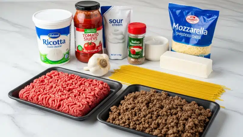 The image shows a collection of ingredients on a white marbled surface. There are two trays of raw ground beef, one with bright pink fresh beef and the other with browned cooked beef, both placed in the front left. Nearby, there is a bulb of garlic with its papery skin still on. Behind the meat, there is a jar of red tomato sauce with a white lid. Next to it, from left to right, stand a white container of ricotta cheese, a white pouch of sour cream, a small red container of Italian seasoning, a white block of cream cheese, and a blue bag labeled mozzarella shredded cheese. A bundle of uncooked spaghetti pasta lies flat on the surface in front of the cream cheese block. The ingredients are neatly arranged and clearly visible. Photo taken with an iphone --ar 4:5 --v 7