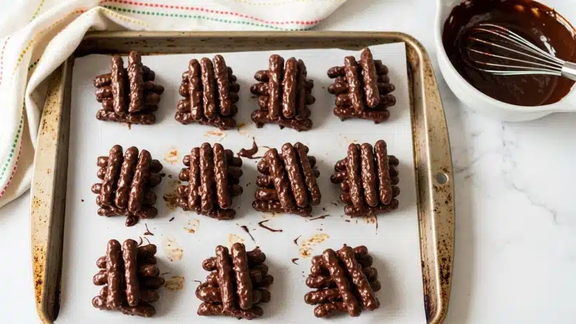 Chocolate Peanut Butter Haystack Cookies Recipe 5 The image shows twelve small piles of chocolate-covered sticks arranged in three rows on a baking tray lined with parchment paper. Each pile is glossy and textured with the rough shapes of the sticks peeking through the thick, smooth chocolate coating. The baking tray has a slightly worn look with some brown stains and discoloration. In the top right corner, there is a white bowl with melted chocolate and a metal whisk resting inside it. The background is a white marbled surface and a striped cloth with red, green, and yellow dotted lines is partially visible in the top left corner. photo taken with an iphone --ar 4:5 --v 7