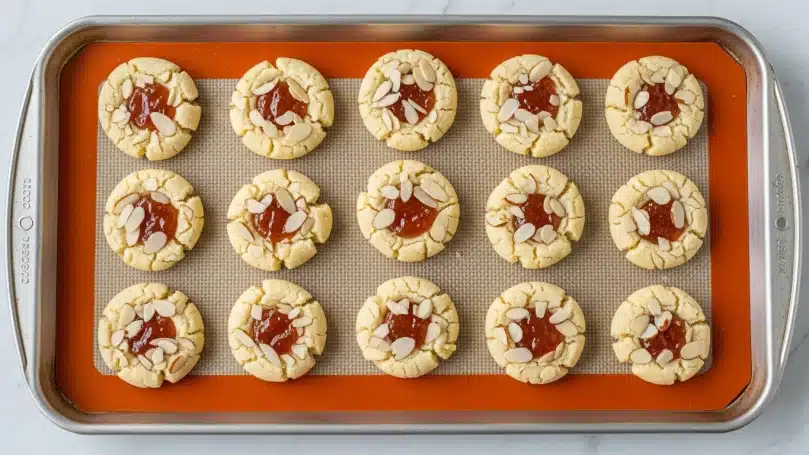 A metal baking tray with an orange-bordered non-stick mat on top, placed on a white marbled surface. On the mat, there are nine small round cookies, arranged in three rows of three. Each cookie has a light golden dough base with a slight dome shape, topped with a visible dollop of amber-colored jam in the center. Around the jam, thin almond slices are scattered, adding texture and a creamy off-white color to the cookies. The edges of the cookies are slightly cracked and uneven, showing a soft, crumbly texture. photo taken with an iphone --ar 4:5 --v 7