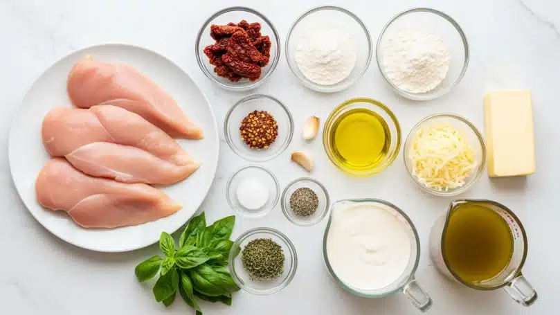 The image shows several small clear glass bowls and a white plate arranged neatly on a white marbled surface. In the center left is a white plate with four raw chicken cutlets, pale pink with smooth texture. Around it are small bowls containing various ingredients: one with rough, wrinkled dark red sundried tomatoes, another with fine white flour, a bowl with light yellow olive oil, one with pale yellow shredded parmesan cheese, and small bowls with chili flakes (red specks), salt (white grains), black pepper, oregano (green flakes), and thyme (light brown flakes). A small clove of garlic is placed near the center, and a small bunch of fresh bright green basil leaves is on the bottom left. There is a measuring jug filled with thick white heavy cream and another jug containing greenish-yellow stock, both clear. A rectangular piece of pale yellow butter rests on the right side. The scene is clean and simple, showing the ingredients clearly. photo taken with an iphone --ar 4:5 --v 7