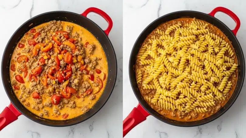 The image shows a two-step cooking process in a red-handled black skillet on a white marbled surface. In the first step, the skillet holds a bubbling mixture of ground meat, bright red tomato pieces, and a creamy light orange sauce creating a textured and colorful mix. In the second step, the same creamy meat sauce layer bottoms the skillet, topped with a thick layer of pale yellow cooked spiral pasta, ready to be mixed. The contrast between the rich sauce and the plain pasta is clear. Photo taken with an iphone --ar 4:5 --v 7