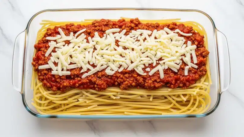 The image shows three layers of a dish in a clear rectangular glass baking dish, placed on a white marbled surface. The first layer is long, pale yellow spaghetti noodles spread evenly across the bottom. The second layer is a thick, red tomato and meat sauce with bits of ground meat, covering the noodles fully. The third layer is a generous amount of shredded white cheese scattered evenly on top of the sauce. Photo taken with an iphone --ar 4:5 --v 7