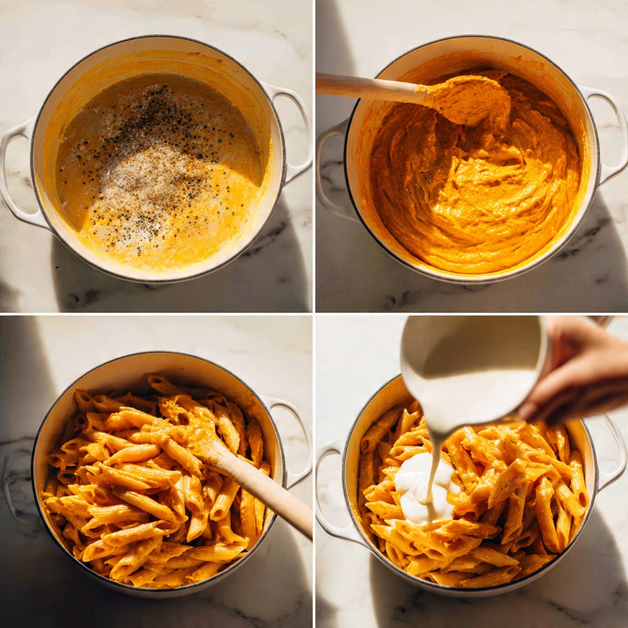 A collage of four images shows the step-by-step making of a creamy pasta sauce in a pink pot on a white marbled surface. The first image shows a close-up of melted butter mixed with black pepper, stirred by a wooden spoon held by a woman's hand. The second image reveals a thick, orange-colored paste being mixed in the same pot with the wooden spoon. The third image shows cream being poured into the orange sauce, making it smooth and creamy with a rich texture. The final image shows cooked penne pasta coated thickly with the creamy orange sauce, stirred by the wooden spoon. The lighting is bright and natural, highlighting the warm colors of the ingredients. Photo taken with an iphone --ar 4:5 --v 7