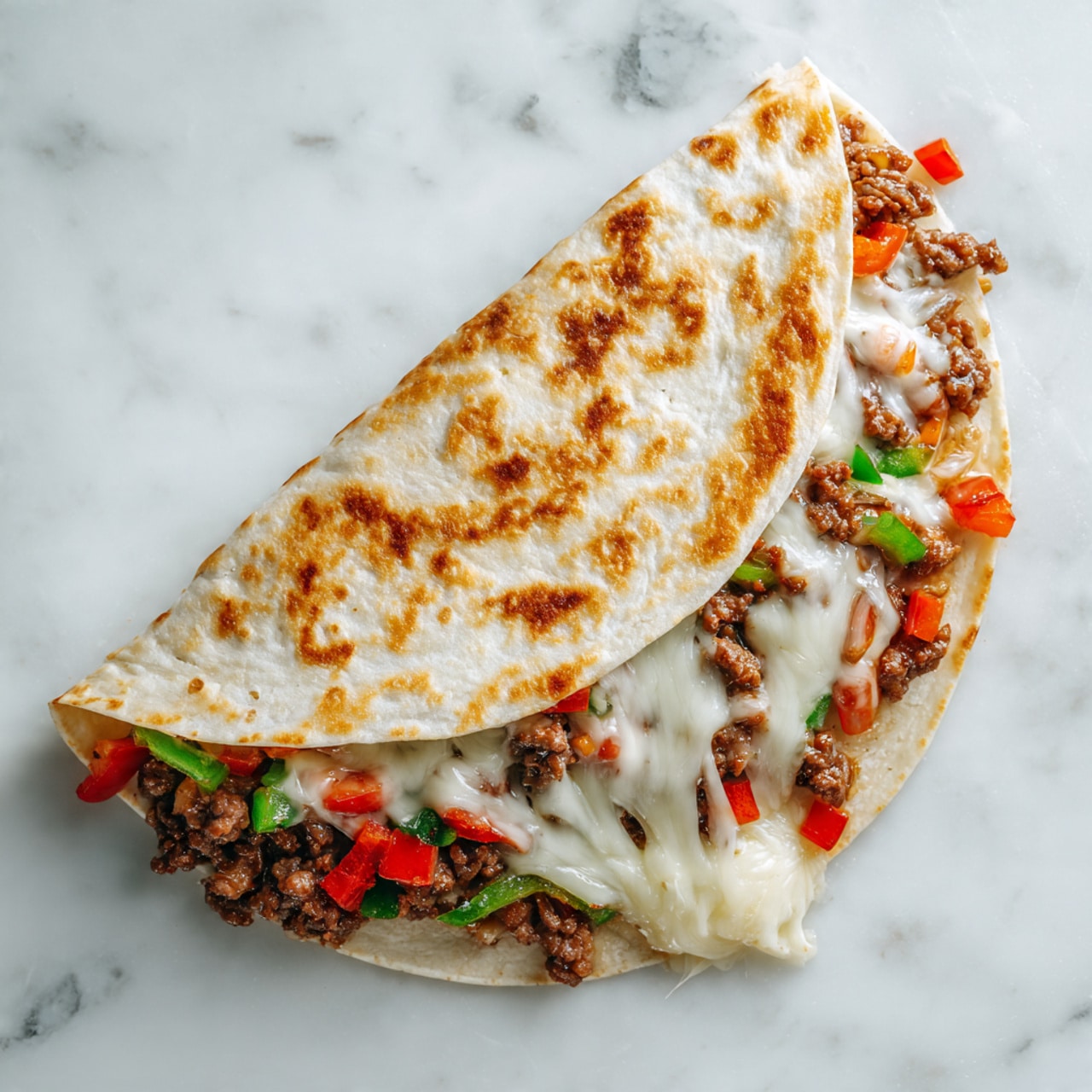 A white folded tortilla filled with several layers is shown. The bottom layer consists of small pieces of brown, cooked beef mixed with finely diced red and green bell peppers and onions. Above this, there is a thick, stretchy melted cheese layer pulling apart in long white strands that hang from the open edge of the tortilla. The tortilla itself is light golden with spots of light browning and is placed on a white marbled surface. photo taken with an iphone --ar 4:5 --v 7