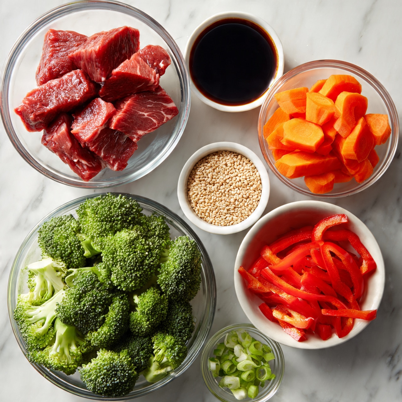 A top-down view of several clear glass and white bowls arranged on a white marbled surface, each holding different fresh ingredients. In the middle, a bowl shows several slices of raw red meat with a soft texture and slight marbling. Above that, a small bowl contains dark soy sauce with a smooth surface. To the right, a bowl of bright orange carrot slices is placed, while below it, a small bowl holds light brown sesame seeds. To the left of the meat, a bowl is filled with vibrant green broccoli florets with a rough texture. Below the broccoli, a bowl contains red bell pepper strips with a shiny surface. Additionally, a tiny bowl of minced garlic and finely sliced green onions are visible near the top right and bottom center, respectively. The photo taken with an iphone --ar 4:5 --v 7