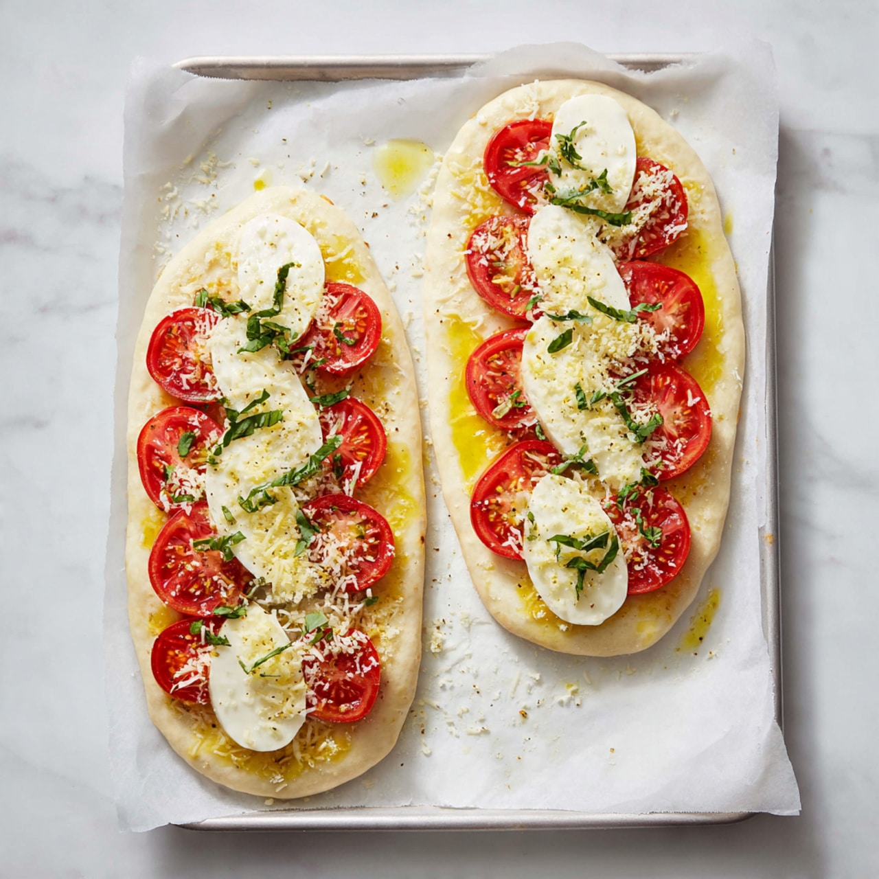 Two flat oval pieces of dough are placed on white parchment paper on a baking sheet, set on a white marbled surface. Each dough piece is topped with a thin spread of yellow oil or butter. On top, there are several thick white cheese slices arranged in a row, and on the cheese, bright red tomato slices are scattered evenly. Small green basil pieces are sprinkled over the tomatoes, and finally, a light dusting of grated light yellow cheese covers the entire surface of both flatbreads. Photo taken with an iphone --ar 4:5 --v 7