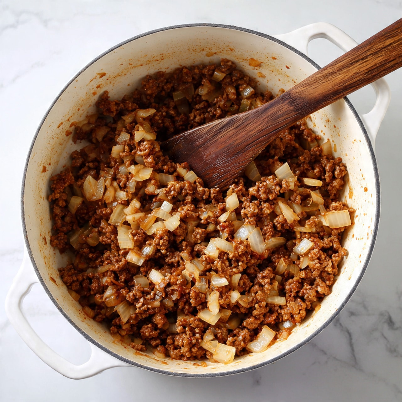 A white pot filled with cooked ground beef mixed with diced onions, the beef is brown and crumbly while the onions are translucent and scattered throughout, a dark wooden spatula is stirring the mixture inside the pot, all set on a white marbled surface photo taken with an iphone --ar 4:5 --v 7