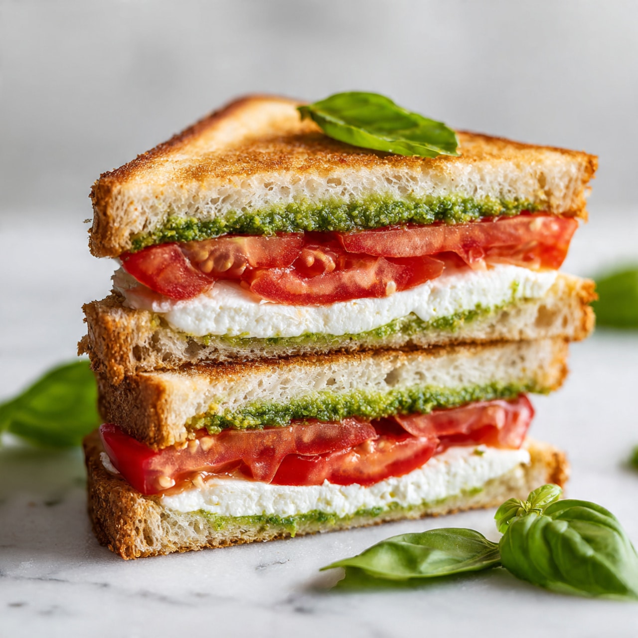 The image shows a sandwich with three visible layers inside a white sandwich bun. The bottom layer is a green spread with a slightly chunky texture, likely pesto, spread evenly on the bottom half of the bun. On top of the spread is a smooth, white layer of sliced cheese, about three slices placed side by side. Covering the cheese are 4-5 slices of fresh red tomato, some with a shine and small black pepper flakes sprinkled on top. The top half of the white bun rests above the tomato, completing the sandwich. The sandwich sits on a black grill with a white marbled surface background. Photo taken with an iphone --ar 4:5 --v 7