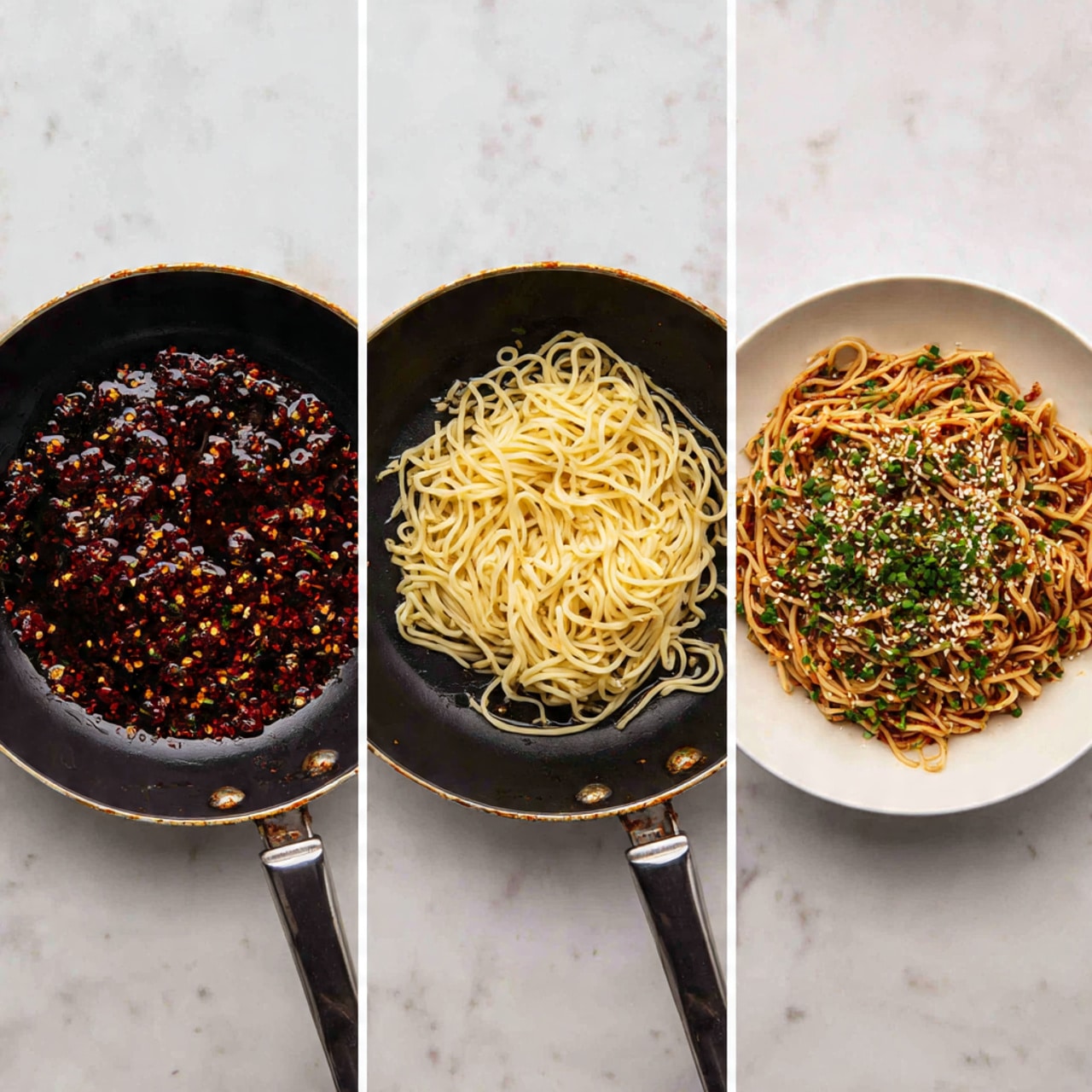The image shows three steps of cooking noodles. The first step is a close-up of a black pan with dark brown oil mixed with red chili flakes and bits, creating a rough texture. The second step shows cooked pale yellow noodles placed on top of the chili oil in the pan, with some oil visible underneath. The final step features a white plate filled with cooked noodles that are now reddish-brown from the sauce, sprinkled generously with small white sesame seeds and green chopped herbs, all placed on a white marbled surface. photo taken with an iphone --ar 4:5 --v 7
