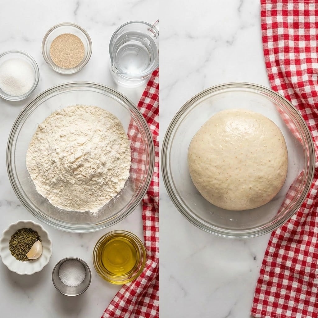The image shows two sections on a white marbled background. On the left, a large clear glass bowl sits filled with a mound of light cream-colored flour. Surrounding this bowl are small glass bowls with white granulated sugar, beige yeast granules, and clear water in a glass jug. There is also a small white scalloped bowl with green dried herbs and a white clove of garlic, a small stainless steel cup holding salt, and a small bowl filled with golden olive oil. A red and white checkered cloth is placed nearby. On the right side, there is a clear glass bowl holding a smooth ball of lightly speckled dough. Beside this bowl, the red and white checkered cloth is partly visible. Photo taken with an iphone --ar 4:5 --v 7