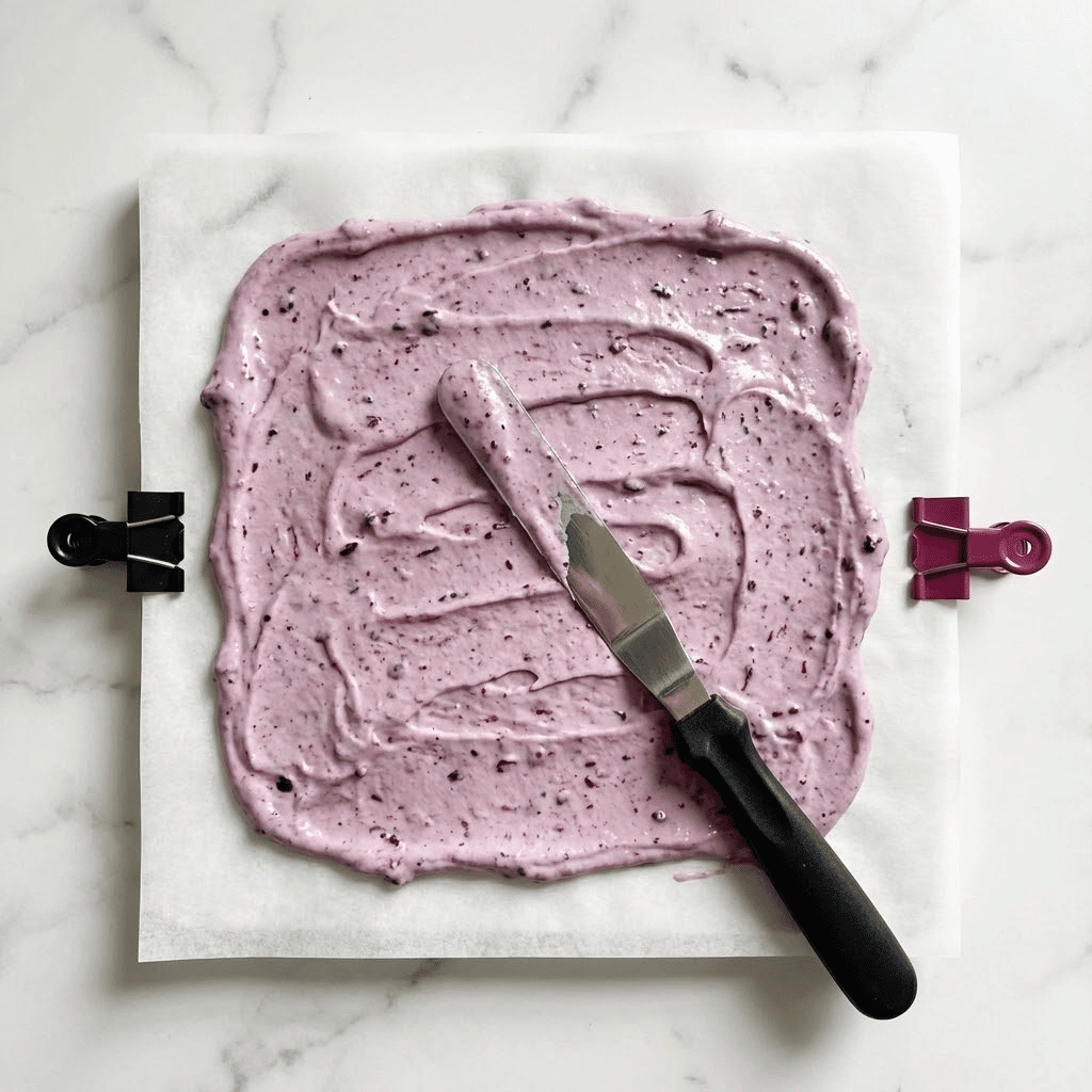 A single, uneven layer of light purple mixture with dark berry bits is spread on a square white parchment paper that is clipped at two edges with a black and a dark pink clip. The mixture sits in the center and has a thick, creamy, and textured look. A metal spreading knife with a black handle is placed diagonally over the mixture, partially embedded in it. The background below the parchment paper shows a white marbled surface photo taken with an iphone --ar 4:5 --v 7