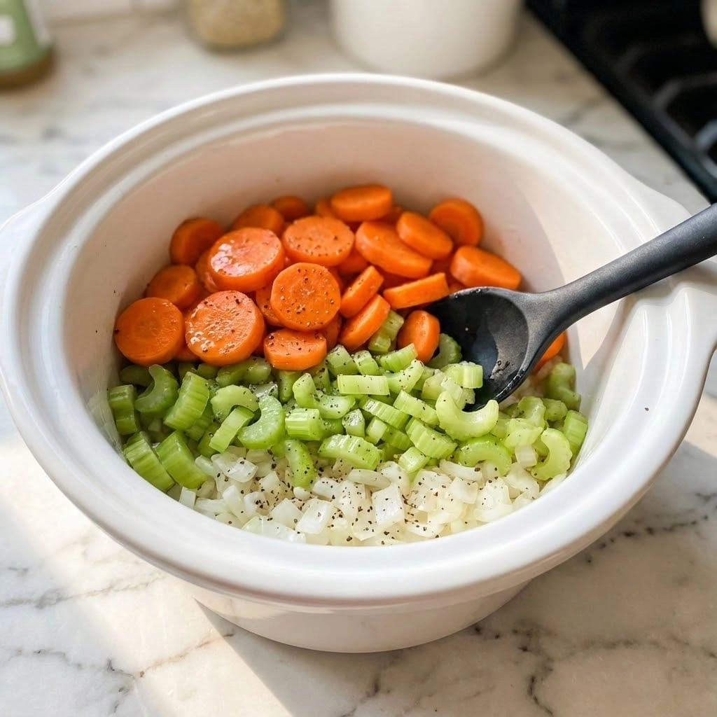 The image shows a white pot filled with three layers of chopped vegetables: orange carrot slices, green celery pieces, and white onion bits. The vegetables have a slightly soft texture and are mixed together, with some black pepper specks visible. On the right side inside the pot, there is a black spoon stirring the vegetables. The pot sits on a white marbled surface. photo taken with an iphone --ar 4:5 --v 7