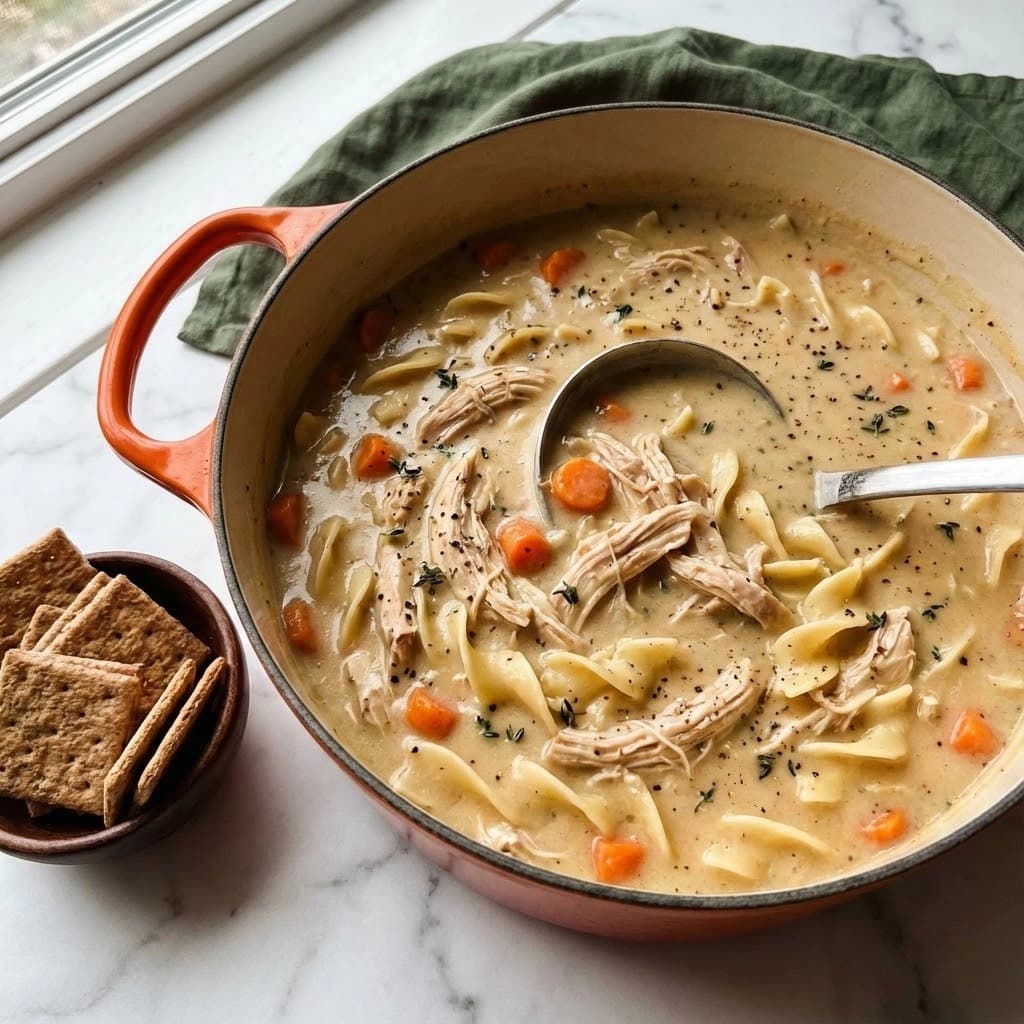 A large orange pot filled with thick creamy chicken noodle soup sits on a white marbled surface. The soup has tender pieces of shredded light brown chicken mixed with small orange carrot slices and wide, flat pale yellow noodles, all covered in a rich, creamy beige broth with small black herbs scattered throughout. A silver ladle partially submerged in the soup creates a curved section in the center. Next to the pot is a small dark wooden bowl filled with square brown crackers, some stacked and others leaning. A dark green cloth is casually placed behind the pot. photo taken with an iphone --ar 4:5 --v 7