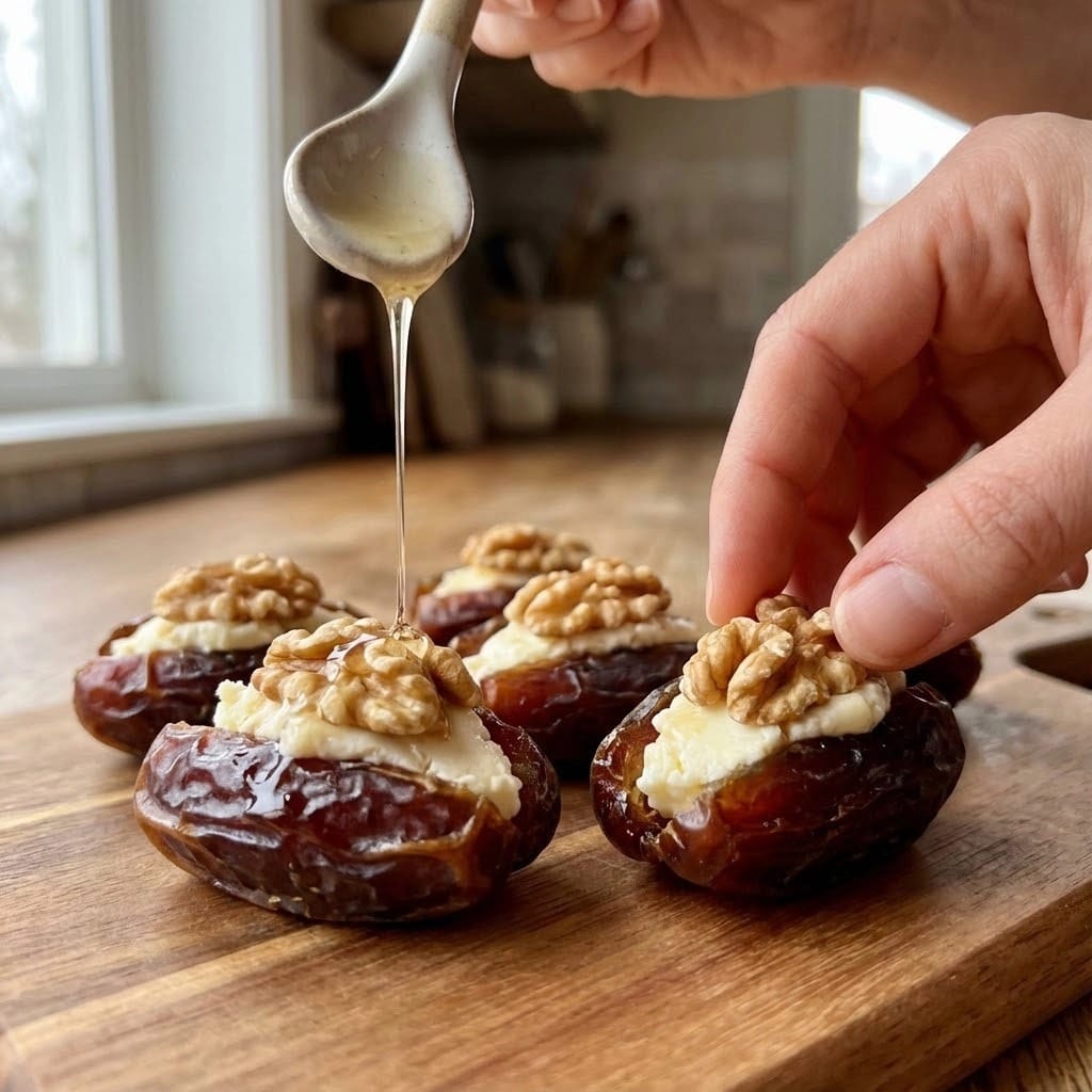 The image shows dark brown dates split open and filled with a creamy, off-white layer inside, likely cheese or cream. On top of the cream, there are small pieces of light brown walnuts placed neatly in a row. The dates have a shiny, slightly wrinkled skin texture. The background is a wooden board where the dates rest, and in one side of the image, a woman's hand is placing a walnut on the cream layer of a date. There is also a small ceramic spoon with a bit of light honey dripping from it above one of the dates. The overall scene looks simple and natural with a focus on the dates and their filling. photo taken with an iphone --ar 4:5 --v 7