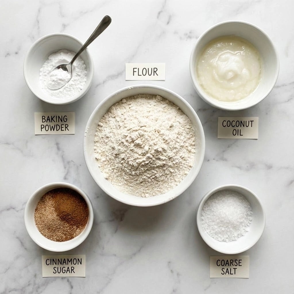 The image shows five white bowls placed on a white marbled surface, each filled with different baking ingredients. The largest bowl in the center contains off-white flour with a soft, powdery texture. Above it, slightly to the left, is a small bowl with white baking powder, and to the right, a bowl has creamy, smooth coconut oil. Below, to the left, a bowl holds cinnamon sugar, a mix of light and dark brown granules with a slightly rough texture. On the right side, another bowl contains coarse, white salt crystals. Each bowl is labeled clearly with black text in a simple font. Photo taken with an iphone --ar 4:5 --v 7