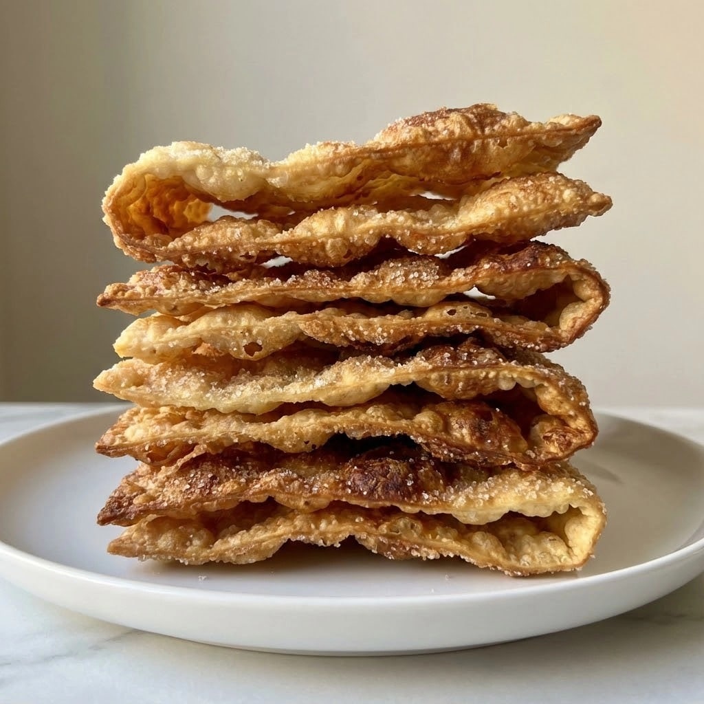 A stack of six wavy, golden brown fried treats sits on a white plate, each layer showing a crunchy texture with sugar crystals sprinkled on top. The edges of each piece are curled and uneven, giving a crispy, airy look with slight color variations from light golden to deeper brown spots. The layers are thick, flaky, and slightly folded, creating a rich, crunchy appearance. The white marbled surface is barely visible beneath the plate, and the background is plain with soft lighting highlighting the texture. photo taken with an iphone --ar 4:5 --v 7