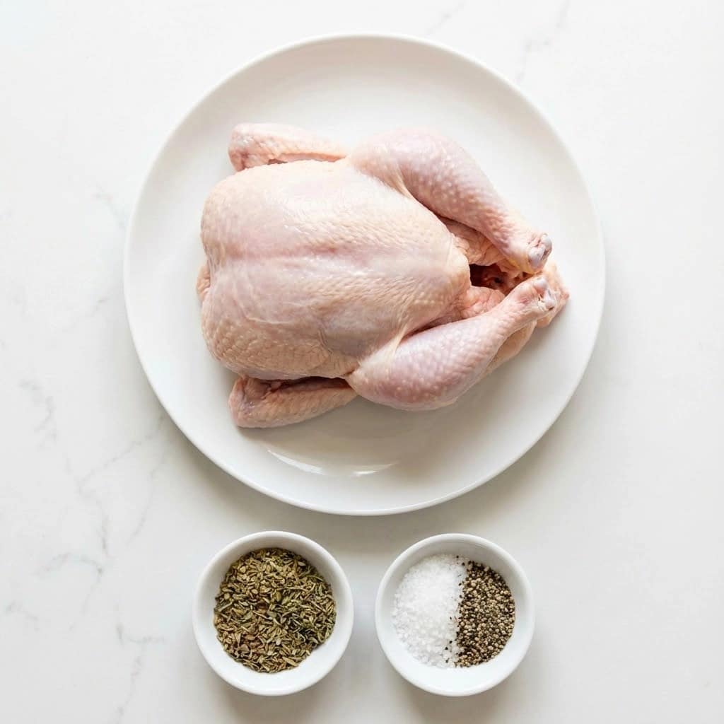 A whole raw chicken with pale pink skin is placed in the center of a white plate on a white marbled surface. Below the plate, there are two small white bowls: one on the left contains mixed Italian seasoning with green and brown dried herbs, while the one on the right holds salt and black pepper arranged side by side in a half-and-half pattern. The setup is neat and bright, showing the ingredients simply and clearly. Photo taken with an iphone --ar 4:5 --v 7