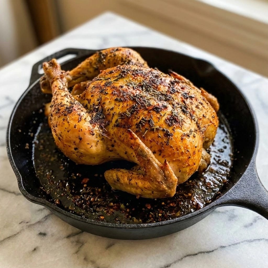 The image shows a whole roasted chicken with golden brown, crispy skin covered in herbs and spices. It is placed in the middle of a black cast iron skillet, which has some cooked juices and small pieces of seasoning scattered around the chicken. The skillet sits on a white marbled textured surface, creating a clean and simple background. photo taken with an iphone --ar 4:5 --v 7