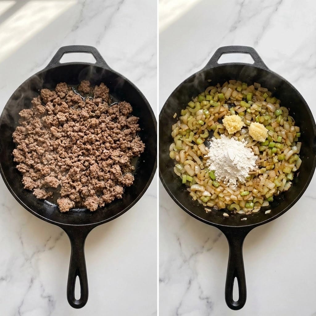 The image shows two black pans on a white marbled surface. The pan on the left has a single layer of cooked ground meat, brown in color with a slightly crumbly texture spread evenly across the pan. The pan on the right has a single layer of finely chopped onions and celery cooked until soft and golden, with a small pile of white flour and two small dollops of pale yellow minced garlic placed in the center. Light steam rises from both pans. Photo taken with an iphone --ar 4:5 --v 7