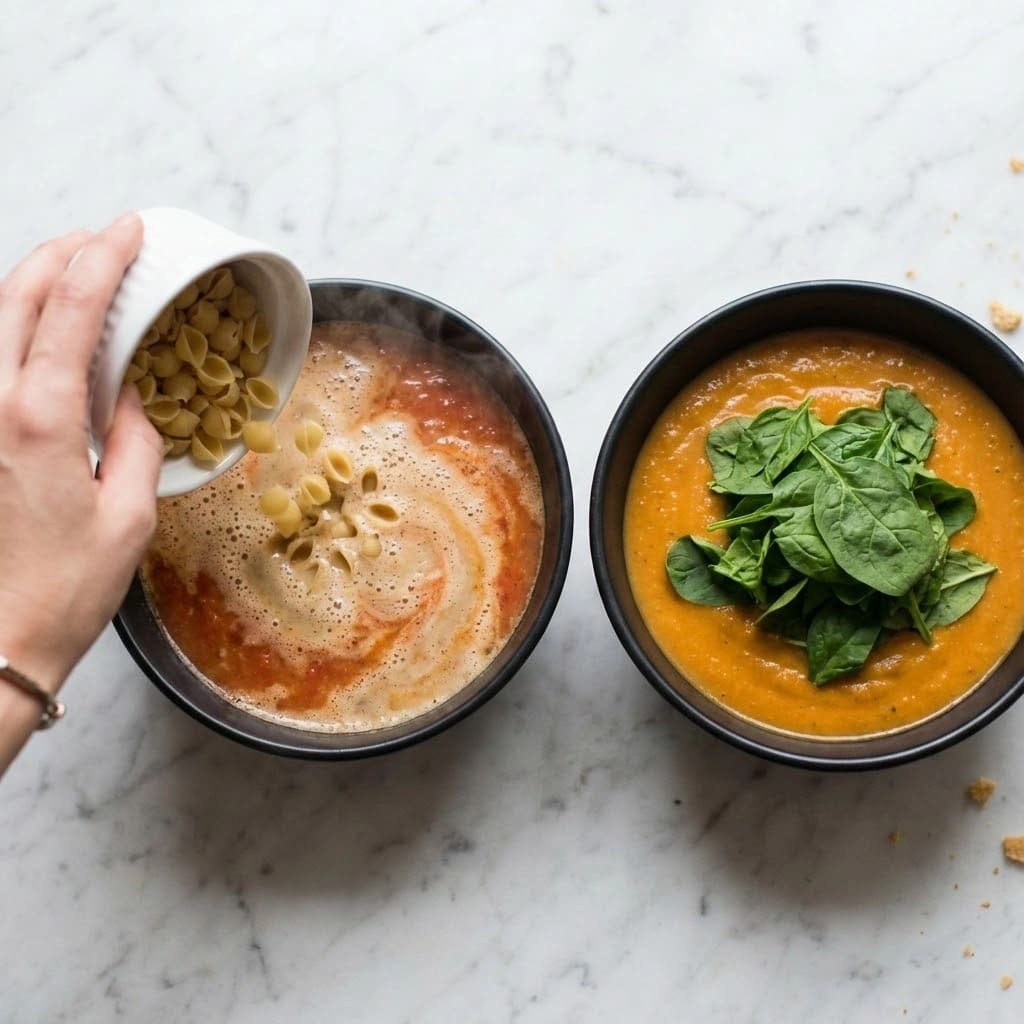 The image shows two black bowls on a white marbled surface. The bowl on the left has a bubbling, hot soup base with a mix of light cream and reddish tomato colors, giving a swirled, foamy texture. A woman's hand holds a white container pouring dry small pasta pieces into the bowl from the left edge. The bowl on the right contains a thick, orange creamy soup base with fresh, green spinach leaves piled on top, covering most of the soup and adding a vibrant contrast. The spinach leaves are fresh with visible veins and natural curves. Photo taken with an iphone --ar 4:5 --v 7