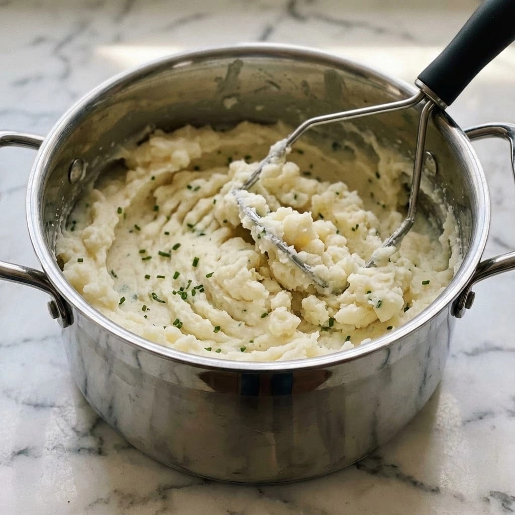 The image shows a shiny silver pot filled with mashed potatoes. The potatoes are creamy white with bits of herbs sprinkled throughout, giving small green specks. A metal potato masher with a black handle is pressed down into the potatoes, with mashed ridges and clumps visible. The pot has two handles on each side and sits on a white marbled surface. The texture of the mashed potatoes looks soft but chunky, not smooth or liquid. Photo taken with an iphone --ar 4:5 --v 7