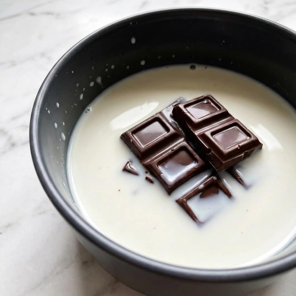 The image shows a close-up of a dark gray pot filled with smooth, creamy white milk as the base layer. On top, several pieces of dark chocolate with a shiny surface are scattered, partially submerged in the milk. The pot edge forms a curved dark border around the creamy liquid, which has small splashes of milk on the sides. The background is a white marbled surface. Photo taken with an iphone --ar 4:5 --v 7