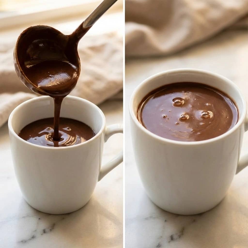 The image shows two close-up views of a white cup filled with thick dark chocolate liquid. On the left side, dark chocolate is pouring from a ladle into the cup, creating a smooth stream of rich chocolate filling the cup. On the right side, the cup is fully filled with the glossy, smooth dark brown chocolate liquid that has a shiny surface. Both cups sit on a white marbled surface with a blurred cloth in the background. The scene has soft natural light highlighting the rich texture and color of the chocolate, photo taken with an iphone --ar 4:5 --v 7