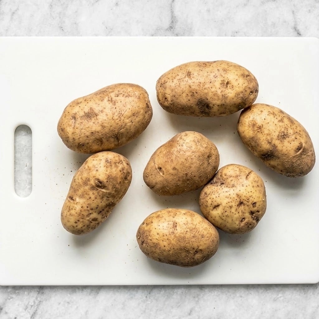 The image shows seven light brown potatoes with rough skin placed on a white cutting board with a handle cutout on the left side, all set on a white marbled surface. photo taken with an iphone --ar 4:5 --v 7