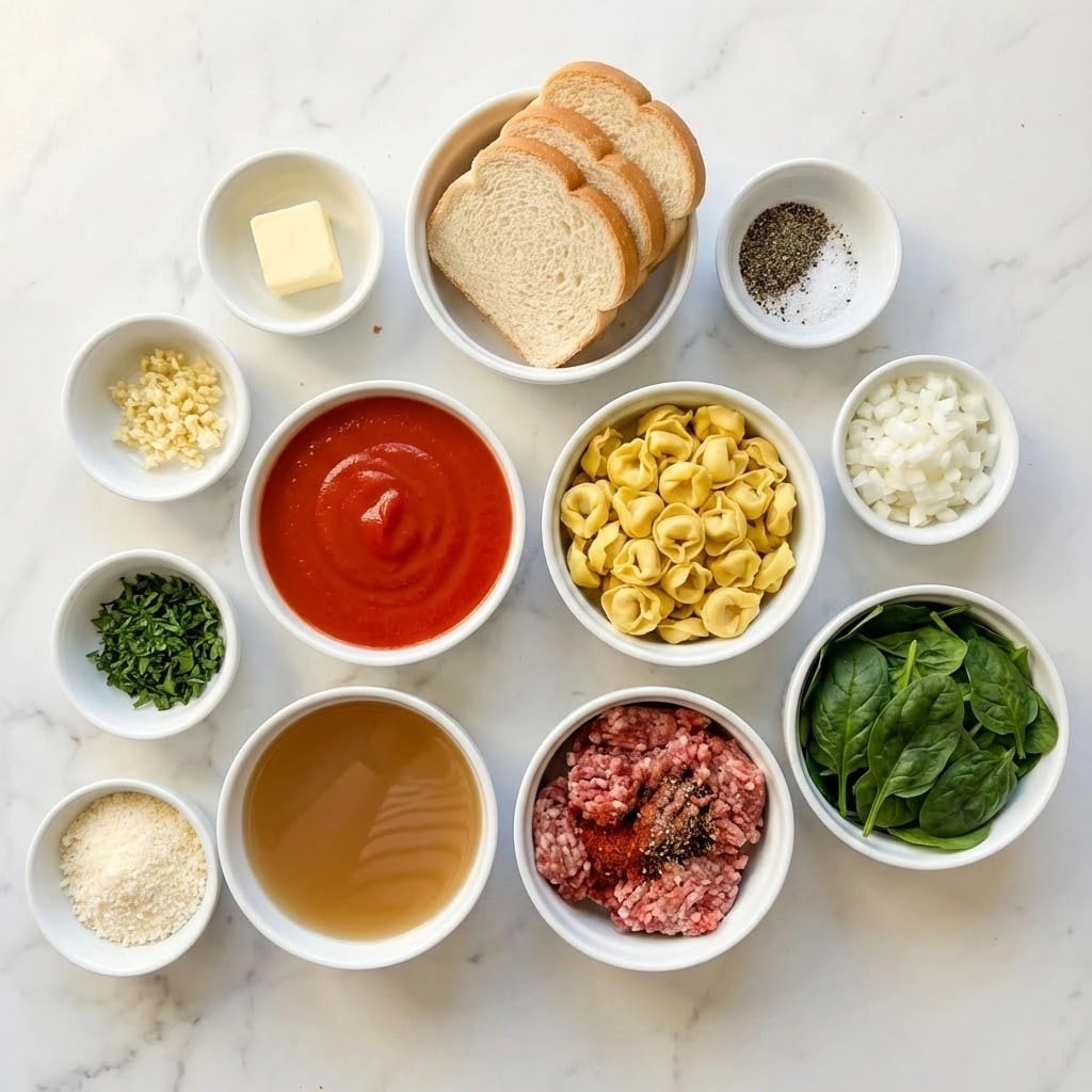 The image shows eleven white bowls arranged on a white marbled surface, each holding different food ingredients. In the center is a bowl filled with bright red tomato sauce that has a smooth texture. To its right is a bowl with small yellow tortellini pasta. Below this is a bowl of raw ground meat mixed with red spices, and next to it is a bowl filled with fresh, dark green spinach leaves. Below the tomato sauce bowl is a bowl with light brown broth or stock. Above that is a bowl with several slices of white bread. Around these main bowls are smaller ones: one with a square pat of butter, one with minced garlic, one with chopped fresh green herbs, one with white diced onions, one with grated pale cheese, and lastly one with a mix of black pepper and salt. The whole setup looks tidy and ready for cooking. Photo taken with an iphone --ar 4:5 --v 7