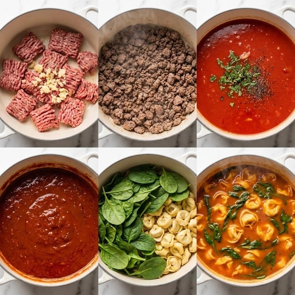 A white pot with a white marbled surface underneath shows six stages of making a tomato soup with tortellini: first, raw ground meat and minced garlic in the pot, with red and pale beige colors; second, cooked brown ground meat releasing steam; third, bright red tomato liquid with chopped green herbs and black pepper on top; fourth, the soup thickening with dark red specks; fifth, added fresh green spinach leaves covering half the pot with visible small pale tortellini beneath the leaves; sixth, finished soup with tortellini floating in a rich orange-red broth with pieces of spinach visible, all within the white pot. photo taken with an iphone --ar 4:5 --v 7