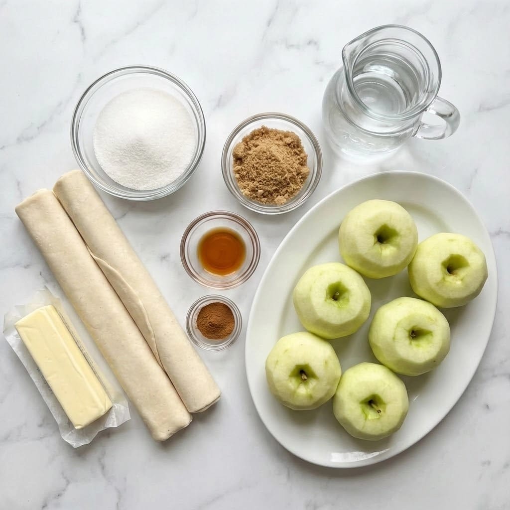The image shows ingredients neatly arranged on a white marbled surface. On the right, a white oval plate holds six peeled and cored apples, all pale green in color and smooth in texture. Next to the plate, several small glass bowls contain light brown sugar, a small amount of ground cinnamon, and amber-colored vanilla extract. There is a clear glass pitcher filled with water. Two rolled sheets of light beige dough are placed to the left along with a stick of pale yellow butter. A larger clear bowl holds white granulated sugar, and the overall setup is clean and bright, ready for baking. Photo taken with an iphone --ar 4:5 --v 7
