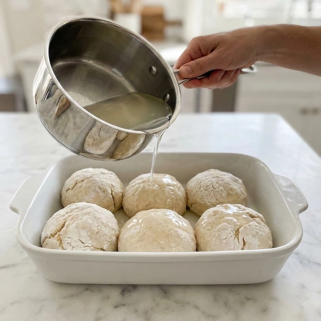A white rectangular baking dish holds six round dough-covered balls, each wrapped loosely with uneven dough layers that have slightly cracked edges. The dish is on a white marbled surface. A woman's hand is pouring pale, clear liquid from a silver pot over the dough balls, the liquid flowing gently into the dish. The overall lighting is bright and natural, highlighting the smooth and rough textures of the dough and liquid. photo taken with an iphone --ar 4:5 --v 7