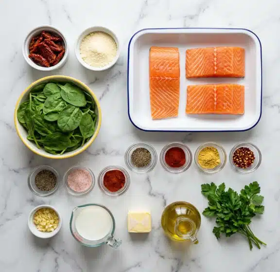Creamy Garlic Butter Tuscan Salmon Recipe 4 The image shows a white marbled surface neatly arranged with ingredients for a meal. In the bottom left corner, a small white bowl holds deep red dried tomatoes, next to a bowl of finely grated pale yellow cheese. Above these, a white enamel tray with a blue rim contains four bright orange salmon fillets, each showing natural light and dark orange stripes, arranged in a 2x2 layout. To the top left, a yellow-rimmed white bowl is filled with fresh green spinach leaves. To the right of the salmon, small clear glass bowls with various spices and seasonings are placed in neat rows: one with freshly ground black pepper, one with light pink Himalayan salt, one with deep red paprika powder, one with bright yellow mustard powder, and one with crushed red chili flakes. Above these bowls, a small mound of finely chopped pale yellow garlic sits in a white bowl, next to a clear glass measuring cup filled with creamy white milk. A small pale yellow butter cube rests nearby. At the bottom right, a glass container filled with golden olive oil is next to bright green parsley sprigs with textured leaves. The layout is clean and evenly spaced, all set on the smooth white marbled surface. Photo taken with an iphone --ar 4:5 --v 7