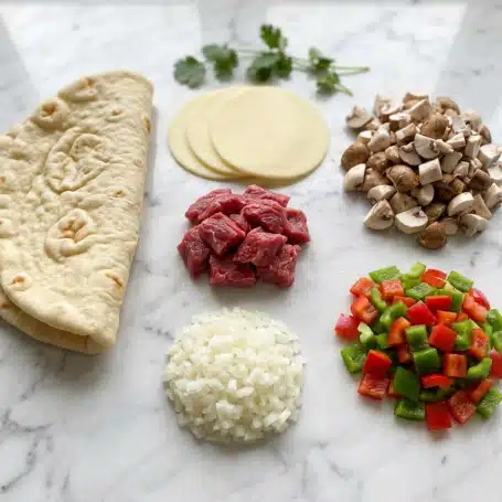 The image shows a white marbled surface with six groups of food ingredients arranged neatly. On the left, there is a light-colored folded flatbread. Next to it, a pile of finely chopped white onions sits in the center bottom. Above the onions, there are small pieces of red raw meat with a fresh texture. To the right of the meat, three round slices of pale yellow cheese are stacked evenly. On the far right, there are many small chopped mushrooms with white and brown colors. At the bottom right corner, a mix of diced red and green bell peppers creates a colorful contrast. A few sprigs of green cilantro are placed slightly above and behind the cheese and mushrooms. Photo taken with an iphone --ar 4:5 --v 7