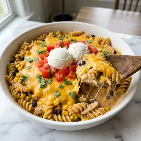 This dish shows a close-up of a baked pasta meal in a white tray, featuring spiral pasta mixed with black beans, bright yellow corn kernels, and shredded meat, all coated in melted bright yellow cheese. On one side, there are fresh tomato wedges with chopped green herbs, topped with two dollops of white sour cream. The pasta layer beneath looks creamy with some baked golden spots on the cheese, and the whole dish sits on a white marbled surface. photo taken with an iphone --ar 4:5 --v 7