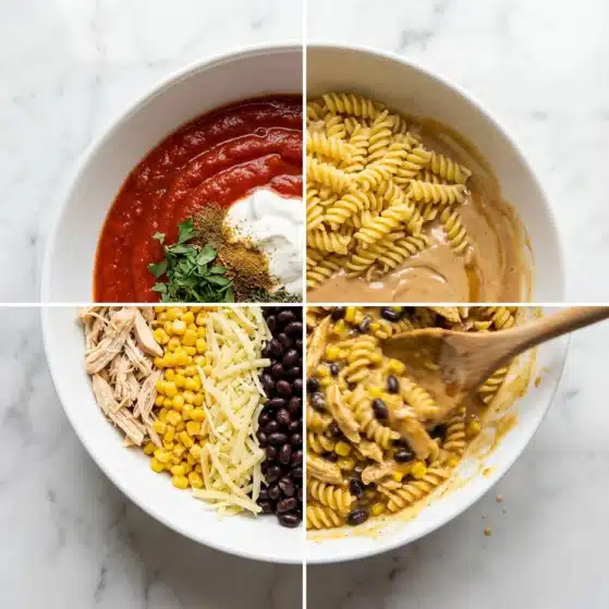 A white bowl on a white marbled surface shows four stages of mixing a pasta dish. The first image has layers of red tomato sauce, white sour cream, yellowish-brown spices, and green herbs on one side. The second image shows cooked yellow spiral pasta sitting on top of a light brown creamy sauce that coats the bowl. The third image has four layers: shredded light beige chicken, bright yellow corn, shredded yellow cheese, and black beans, all neatly arranged side by side in the bowl. The last image shows the fully mixed dish with the spiral pasta, chicken, corn, black beans, cheese, and creamy sauce all blended together in a mostly yellow and light brown mix with small bits of black and yellow spread throughout, with a wooden spoon mixing it. photo taken with an iphone --ar 4:5 --v 7