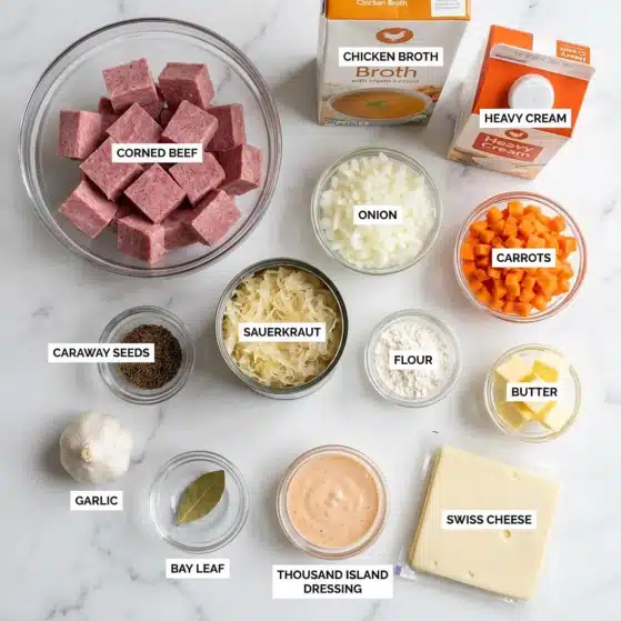 The image shows an overhead view of various ingredients arranged neatly on a white marbled surface. There is a clear glass bowl with pinkish square pieces of corned beef in the upper left, next to rectangular cartons of chicken broth and heavy cream with white and orange packaging. Below, there are smaller clear bowls containing finely chopped white onion on the left and bright orange diced carrots on the right, with a can of sauerkraut placed in the center. Smaller containers hold dark brown caraway seeds, white flour, and bright yellow butter cubes, alongside a whole garlic bulb and a clear dish with a green bay leaf. A small clear bowl contains a creamy pinkish-orange thousand island dressing, and a small pack of pale yellow Swiss cheese slices lays flat near the bottom. All items are spaced evenly and clearly labeled. Photo taken with an iphone --ar 4:5 --v 7