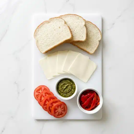 Mozzarella Sandwich with Homemade Basil Pesto Recipe 4 The image shows a white marbled surface with a white cutting board on top. On the board, there are three slices of white bread stacked slightly on the right side. Below the bread, slightly to the right, are five smooth white slices of cheese. Below the cheese are two small white bowls, one on the left filled with green pesto sauce with a slightly rough texture, and the other on the right holding some bright red roasted pepper strips. To the left of the bowls, there are five round slices of fresh red tomato with seeds and juicy texture, overlapping each other in a row. photo taken with an iphone --ar 4:5 --v 7