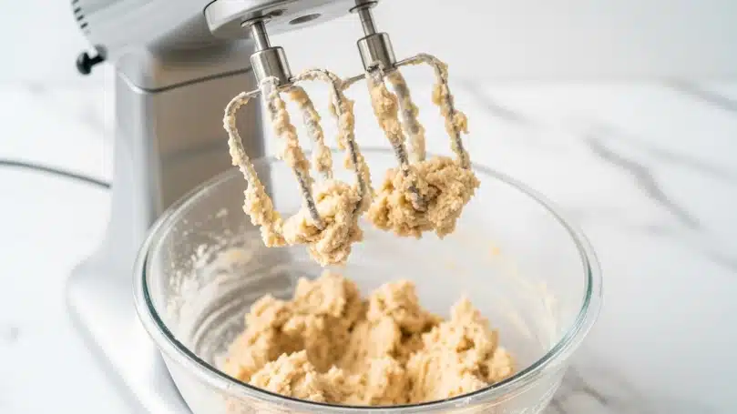 A close-up image showing a silver electric mixer with two beaters covered in light beige cookie dough. The dough looks soft and creamy with a rough texture, being lifted out of a clear glass bowl filled with more dough. The background is a clean white marbled surface, keeping the focus on the dough and mixer. The photo taken with an iphone --ar 4:5 --v 7
