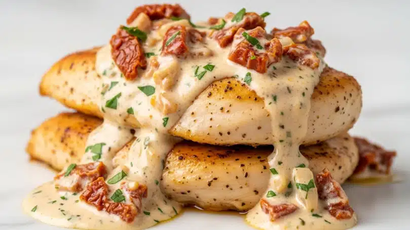 A close-up image shows two layers of cooked chicken on a white marbled surface. The top layer is a thick piece of light golden-brown chicken with a creamy sauce on top, mixed with small chunks of red sun-dried tomatoes and scattered green herbs. The chicken's texture is soft and juicy inside with a slight crust on the outside. The creamy sauce is smooth and thick, lightly covering both layers and pooling around the chicken, showing bits of tomatoes and herbs throughout. Photo taken with an iphone --ar 4:5 --v 7