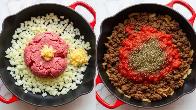 A red cast iron pan sits on a white marbled surface. In the left image, inside the pan there is a layer of light yellow diced onions spread out evenly, topped in the center with a large mound of pink raw ground meat and a small heap of light yellow minced garlic. In the right image, the pan contains a cooked dark brown ground meat and onion mixture with a layer of chunky bright red tomatoes and tomato sauce in the middle, sprinkled with small green and brown dried herbs on top and some light yellow pieces of garlic visible at the edges. photo taken with an iphone --ar 4:5 --v 7