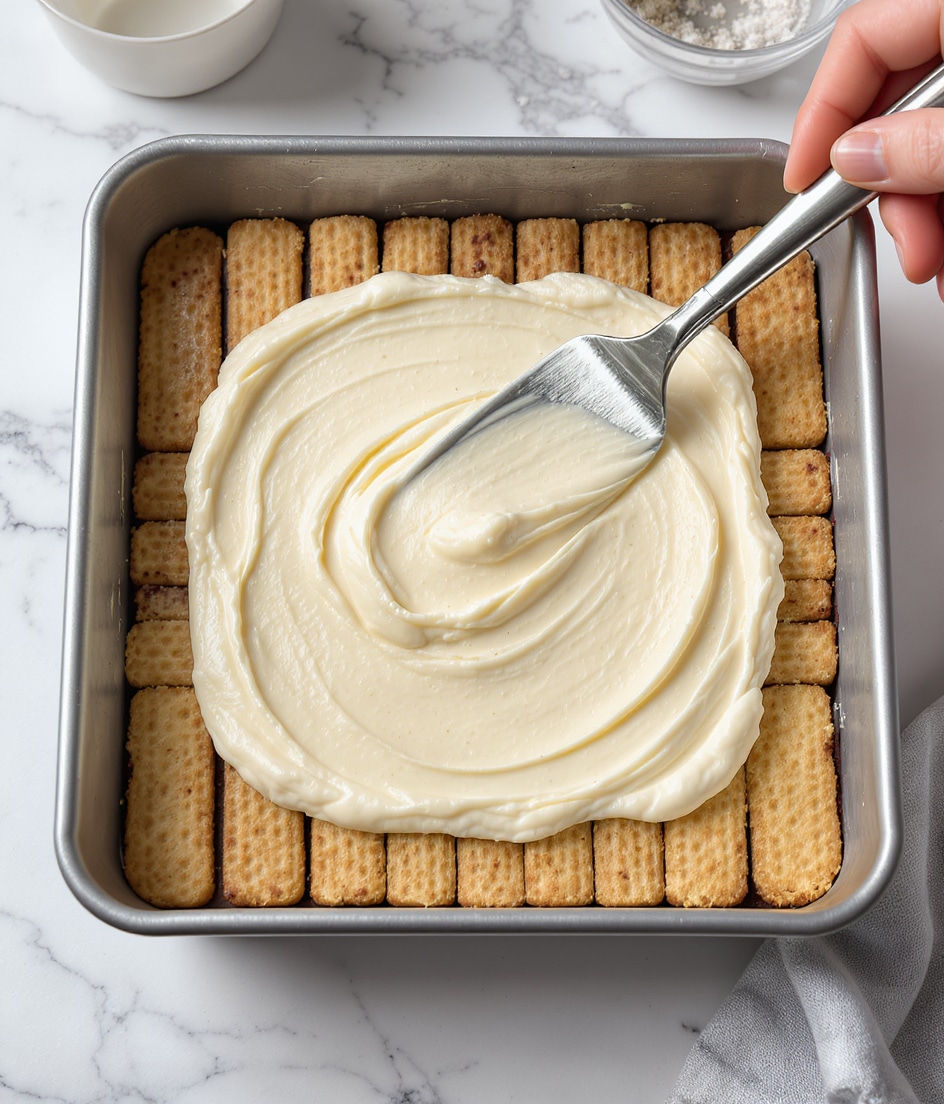 A square metal baking pan holds a layer of finger-shaped ladyfinger biscuits arranged side by side, light brown with a slightly rough texture. On top is a thick, creamy white layer of soft mascarpone mixture being spread evenly by a woman's hand holding a small metal spatula. The pan is on a white marbled surface. photo taken with an iphone --ar 4:5 --v 7