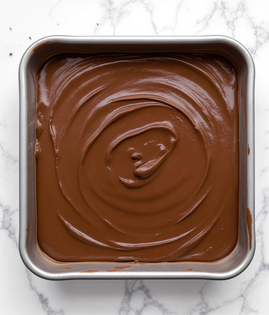 A square metal pan filled with one smooth, thick layer of dark brown chocolate ganache that covers the surface evenly, with a few small bubbles and slight shine. The pan is placed on a white marbled surface with a few tiny spots of chocolate around it. photo taken with an iphone --ar 4:5 --v 7