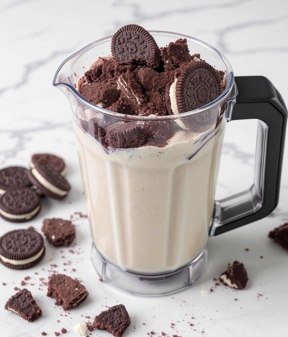 A clear glass blender jar filled with two layers: at the bottom, a creamy light beige ice cream with smooth and soft texture, and on top, several broken dark chocolate sandwich cookie pieces with white filling showing in parts, scattered unevenly around. The jar sits on a white marbled surface, the black handle of the blender is visible on the right side. Photo taken with an iphone --ar 4:5 --v 7