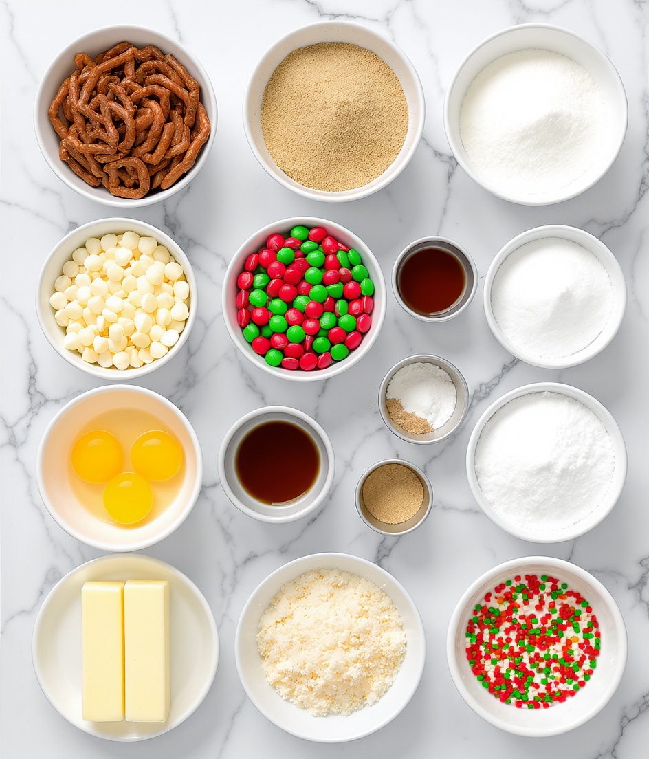 The image shows a white marbled surface with twelve white bowls and plates arranged neatly, each holding different baking ingredients. Starting from the top left is a bowl filled with twisted pretzels covered in chocolate, followed by a bowl with light brown sugar. Below the sugar bowl is a dish filled with white chocolate chips. In the center is a bowl packed with red and green M&M candies. Below the candies, a small dish contains dark brown vanilla extract. To the right of the vanilla extract is a bowl of white granulated sugar. Above the sugar is a small tin filled with baking powder, and another small tin beside it holds baking soda. Towards the bottom left, a bowl contains two egg yolks. Next to it, a larger plate has three sticks of butter, and to the right of the butter, a bowl is full of light brown shredded coconut. Additionally, a small circular dish holds red and green Christmas sprinkles. The whole setup is bright, colorful, and arranged clearly on the smooth white marbled surface photo taken with an iphone --ar 4:5 --v 7