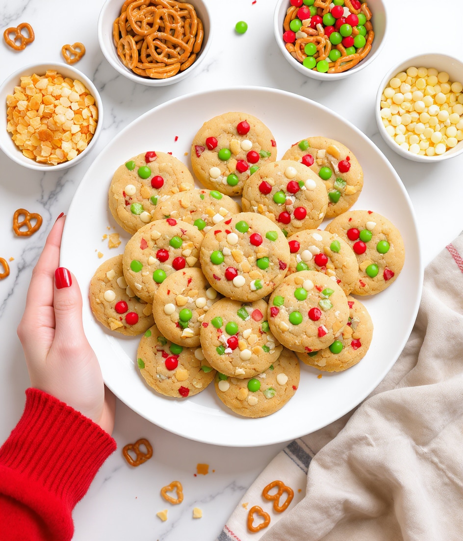 A white plate full of round cookies stacked in two layers, each cookie light golden brown with visible chunks of red and green candy pieces, white chocolate chips, and broken pretzel pieces spread on top and inside, and sprinkled evenly with red and green sprinkles, all placed on a white marbled surface with some loose pretzels around the plate. A woman's hand with red sleeve and red nail polish is holding each side of the plate. Nearby, three white bowls contain whole pretzels, red and green candy pieces, and white chocolate chips. photo taken with an iphone --ar 4:5 --v 7