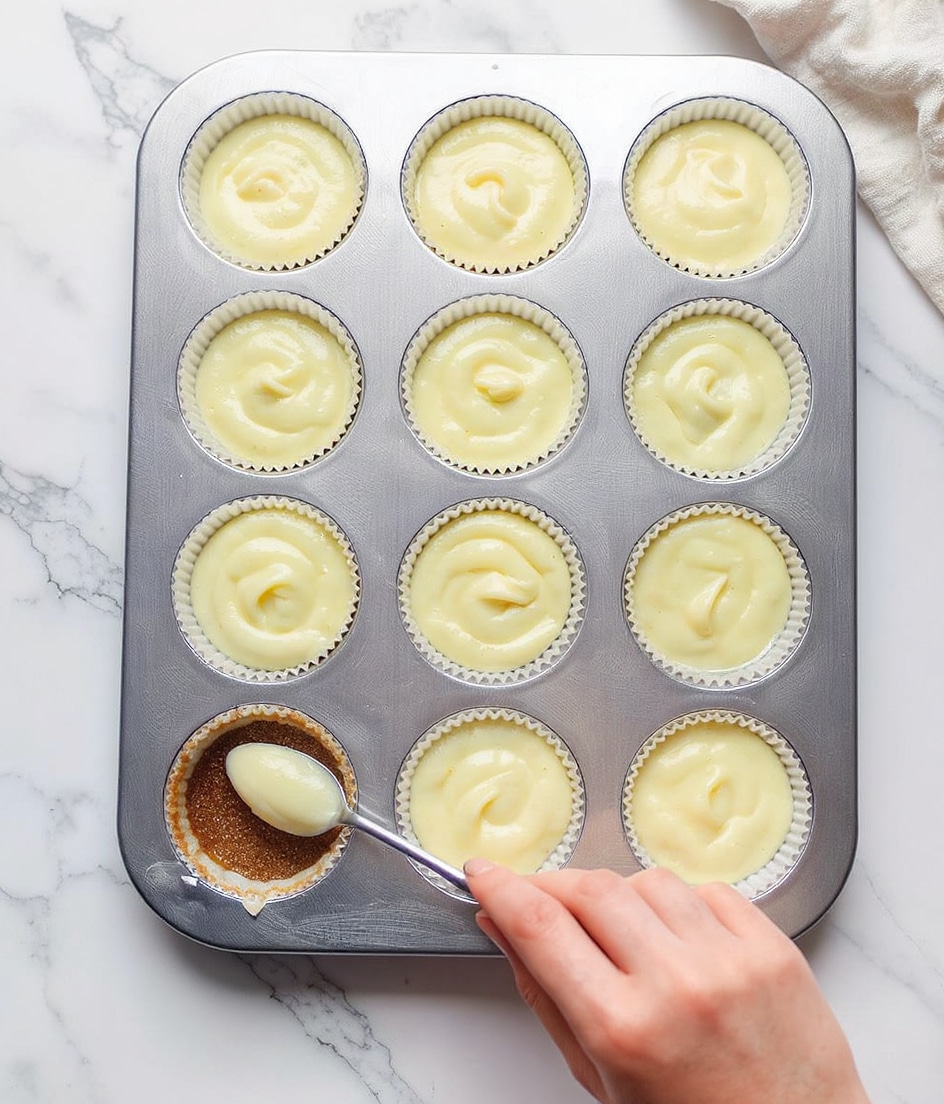 A silver metal muffin tray with 12 round cups is shown from above, placed on a white marbled surface. Eleven cups are filled with smooth, pale cream batter that has a slightly glossy texture. The bottom left cup has a dark brown layer beneath the cream batter, which is being spread evenly with a small silver spoon held by a woman's hand entering the frame from the bottom. The contrast between the dark brown bottom layer and the light cream batter on top is clearly visible. photo taken with an iphone --ar 4:5 --v 7