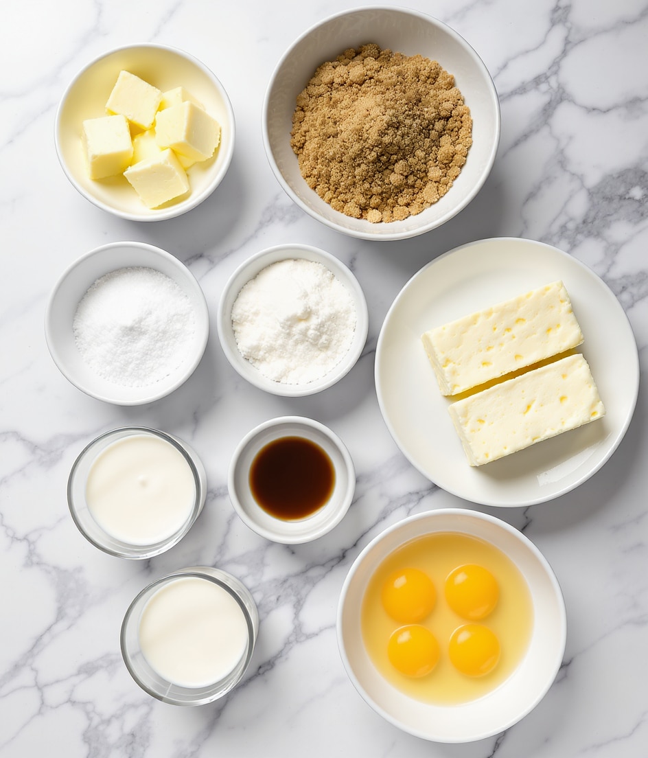 The image shows seven white bowls and plates arranged on a white marbled surface, each holding ingredients for a recipe. Starting from the top left, there is a small white bowl with four pieces of pale yellow unsalted butter. To the right, a medium white bowl is filled with golden brown graham cracker crumbs. Below the butter, a small white bowl contains fine white granulated sugar. At the center right, a white plate holds two large blocks of creamy white cream cheese. Below the sugar, a tiny white bowl has a dark brown vanilla extract liquid. Near the bottom left, a small glass holds thick white heavy cream. On the bottom right, a white bowl contains five bright yellow egg yolks. All bowls and plates are clean and neatly presented. Photo taken with an iphone --ar 4:5 --v 7